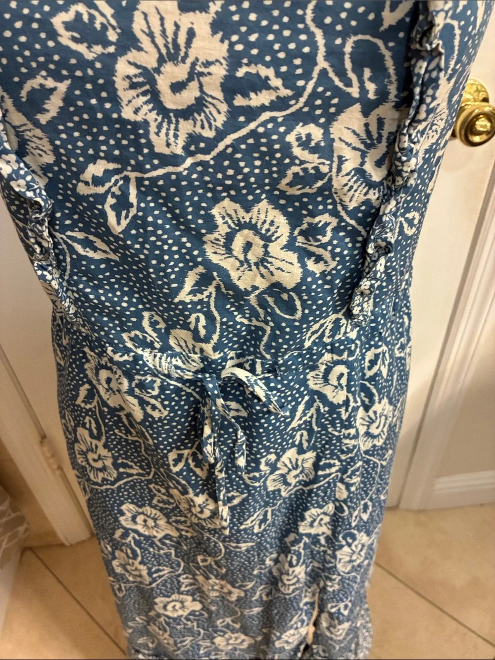 PAIGE Blue and White Floral Maxi Dress with Ruffle Hem Sz S